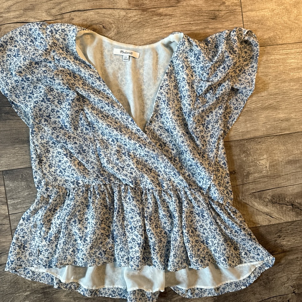 Madewell Blue and White Flutter Sleeve Wrap Blouse